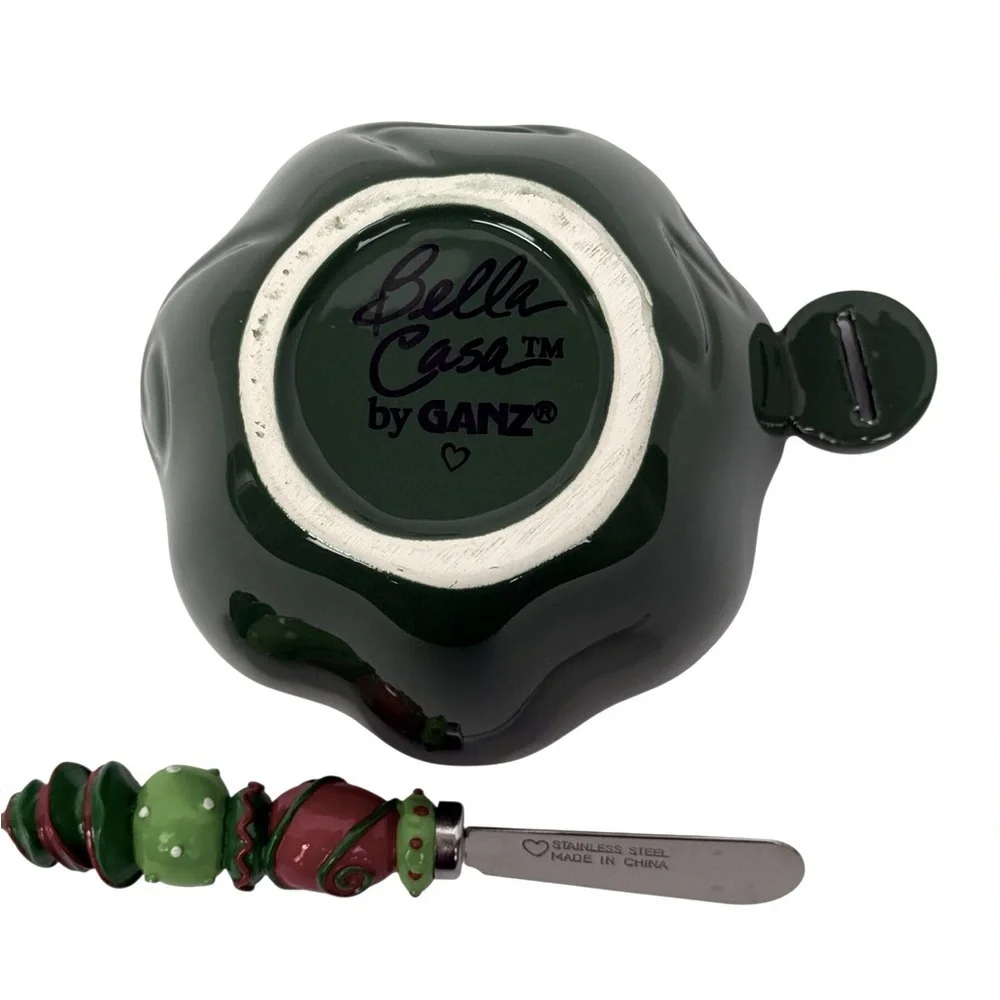 GANZ Bella Casa Green Festive Ceramic Bowl with SS Spreader EUC